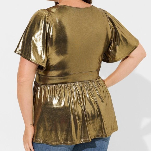 ❤️NWT VINTAGE TORRID PEPLUM TOP - GOLD LIQUID SHINE SURPLICE BLOUSE - PLUS SIZE - Picture 2 of 12